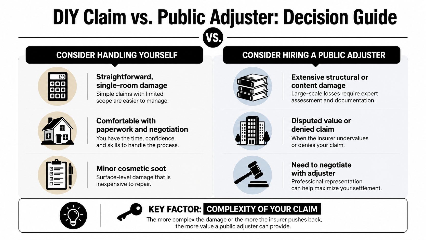 A decision guide comparing when to handle an insurance claim yourself versus hiring a public adjuster.