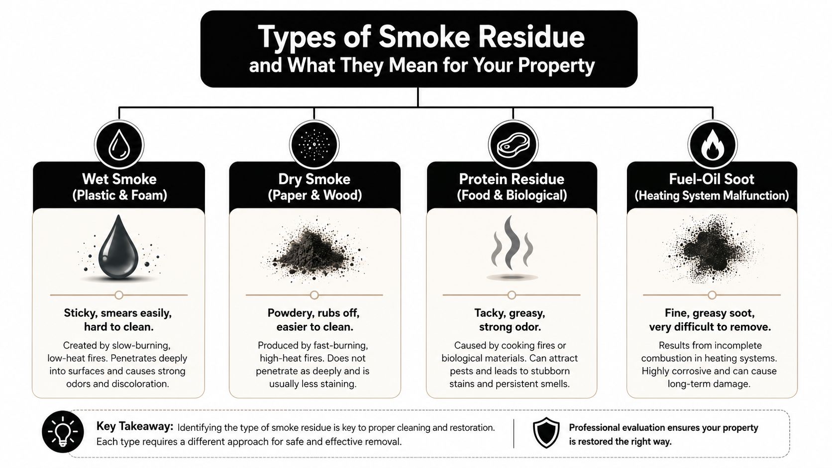 A diagram infographic explaining four different types of smoke residue and their impact on properties.