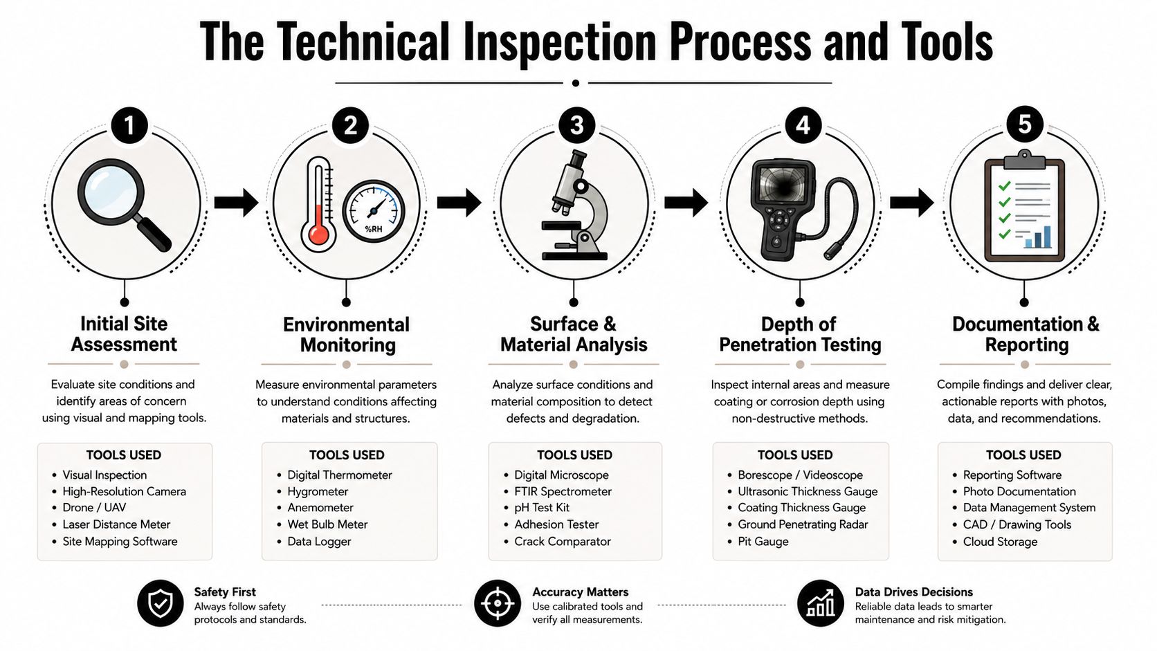 A five-step infographic showing technical inspection processes and specialized tools used for professional site assessments.