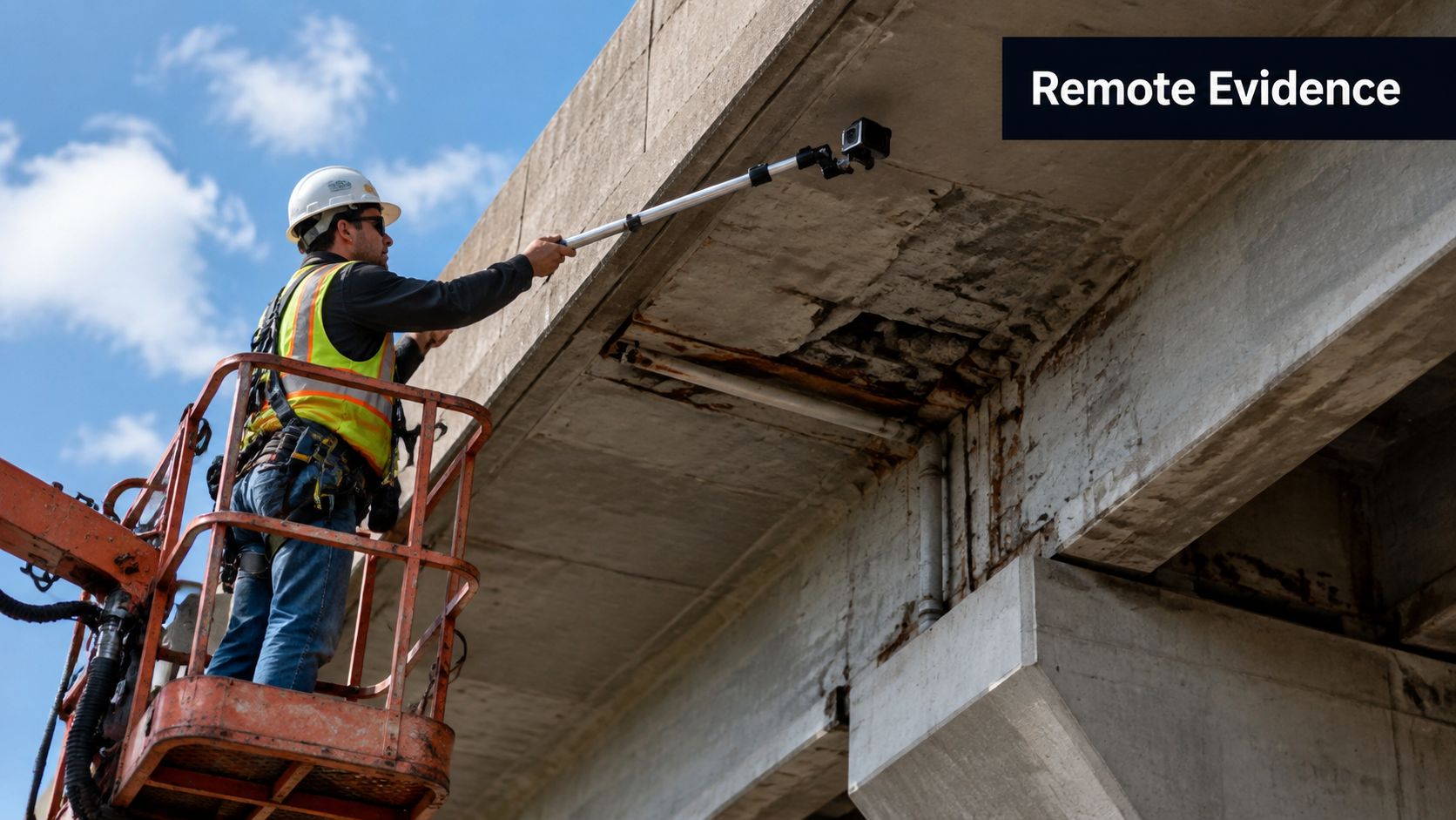 A construction worker in a safety harness uses an extended camera to inspect bridge structural damage.