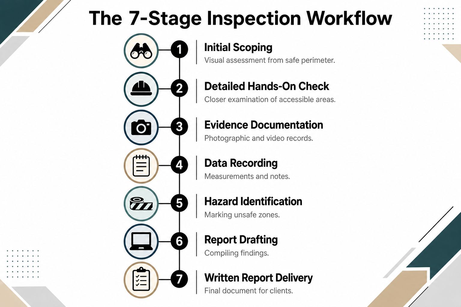 A visual flow chart detailing the seven stages of a professional structural damage inspection workflow process.