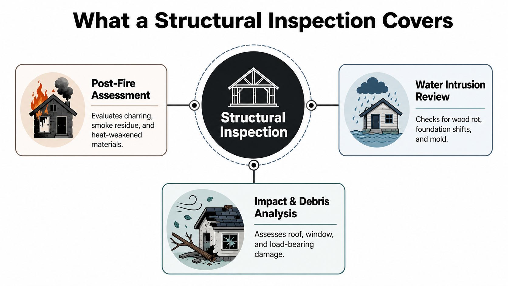 An infographic showing that a structural inspection covers post-fire assessment, water intrusion review, and impact and debris analysis.