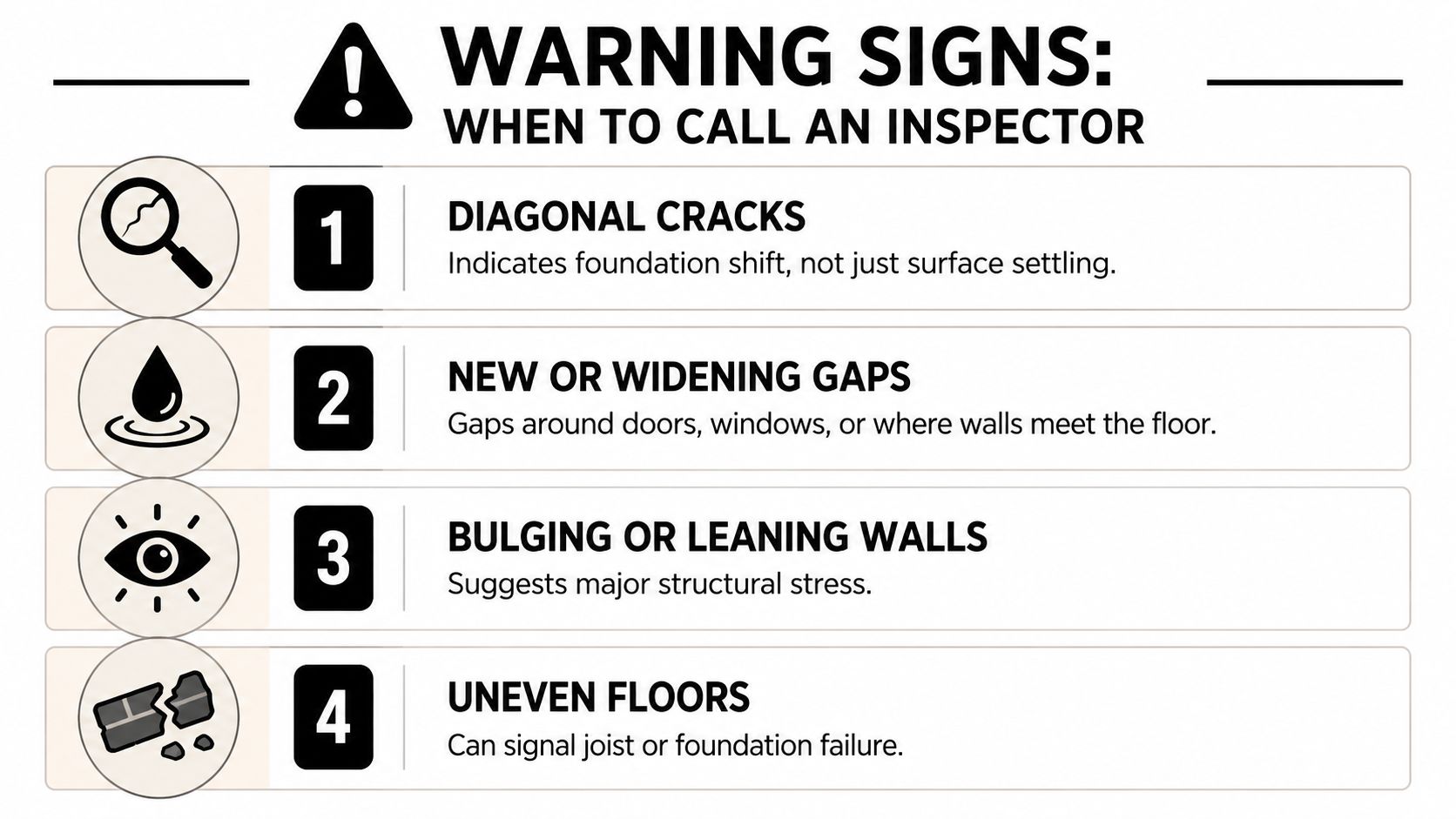 A warning sign infographic listing four critical structural issues that require a professional home inspector's assessment.