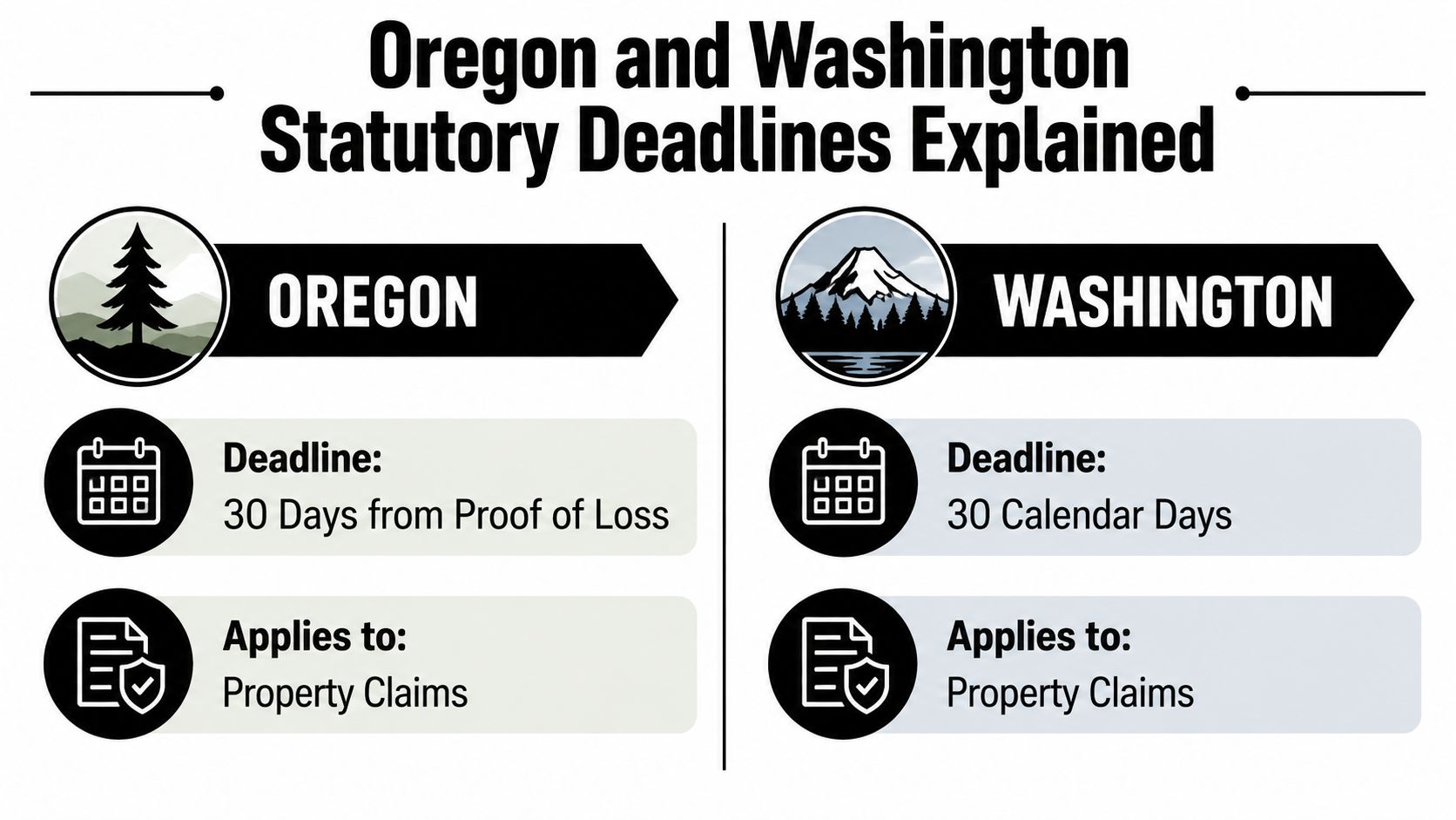 A comparison chart showing statutory deadlines for property insurance claims in Oregon and Washington state.