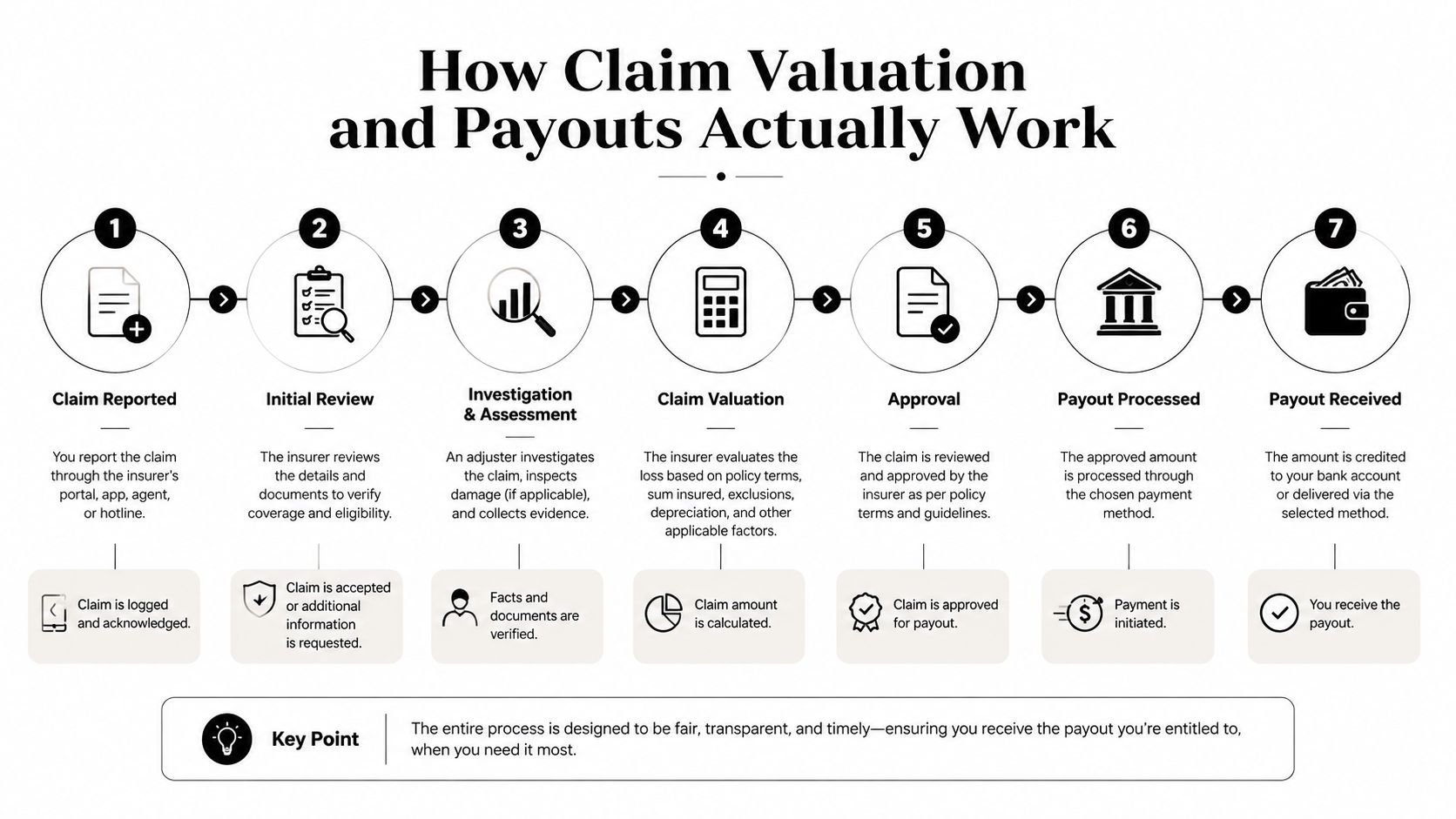 A step-by-step infographic illustrating the seven stages of the insurance claim valuation and payout process.