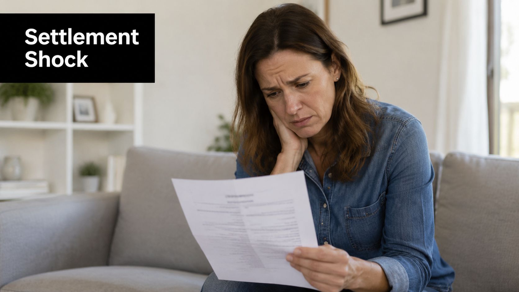 A concerned woman sitting on a couch, reading a document with a worried expression on her face.