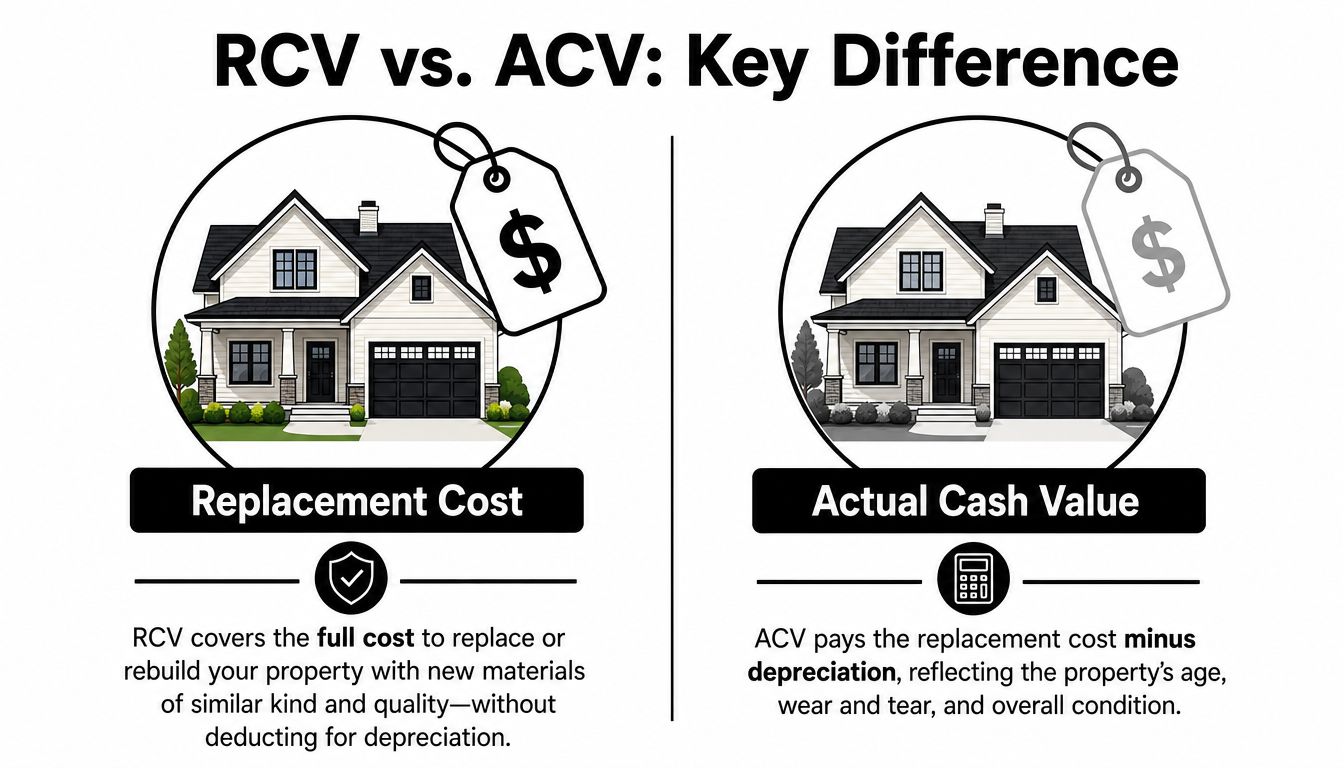 An infographic illustrating the difference between Replacement Cost Value and Actual Cash Value for insurance claims.
