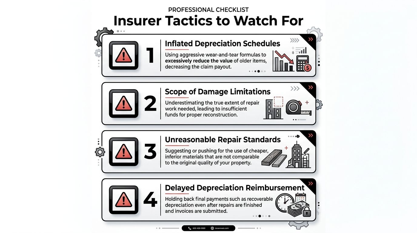A professional checklist infographic detailing four common insurance company tactics to watch out for during claims.